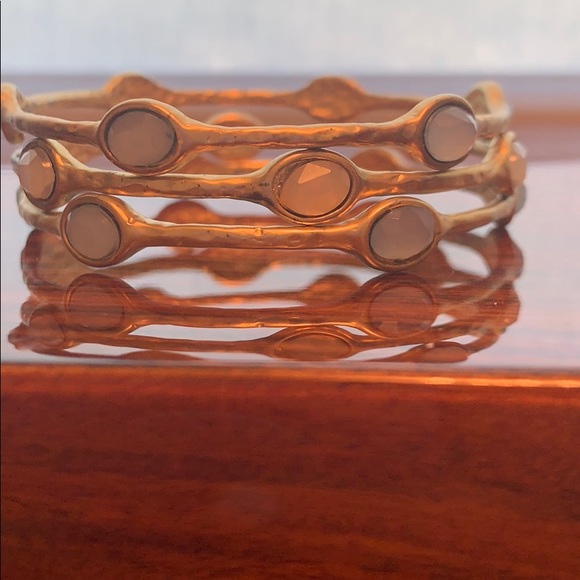 Gold tone, blue and white stone bangles.      (LA) - Picture 6 of 6